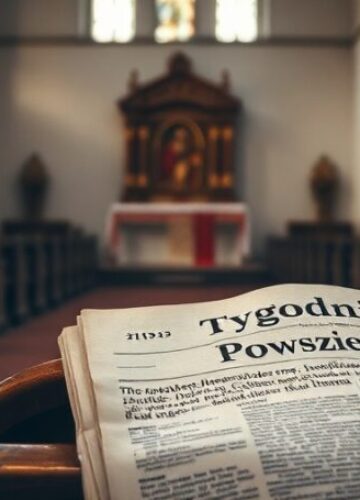 Duchowa pustka w "Tygodniku Powszechnym" - artykuł o prowadnicach łańcuchowych Pusty wnętrze kościoła z gazetą "Tygodnik Powszechny" na ławce - symbolizuje duchową pustkę w katolickim mediów