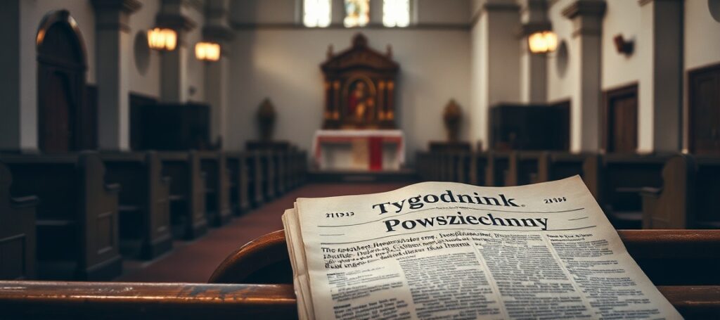 Pusty wnętrze kościoła z gazetą "Tygodnik Powszechny" na ławce - symbolizuje duchową pustkę w katolickim mediów