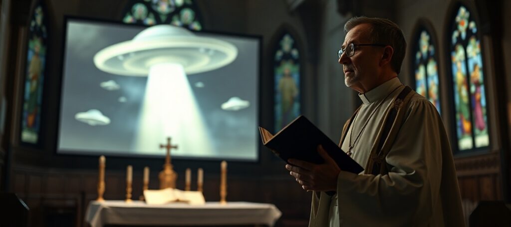 Ksiądz w sutannie w kościele patrzy na rozmyte obrazy UFO na ekranie, symbolizując duchową pustkę współczesnego świata.