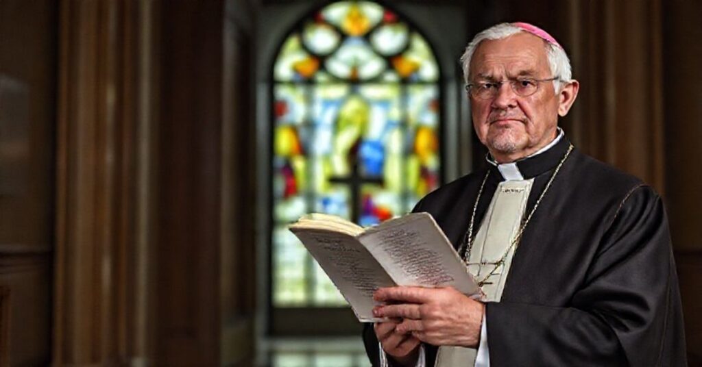 Obraz przedstawiający biskupa w tradycyjnych szatach przed zamkniętą kościelną drzwiami z książką "The Practice of the Presence of God", symbolizujący duchową pustkę i doktoraną dezorientację promowaną przez uzurpatora 'Papieża Leona XIV' (Roberta Prevosta).