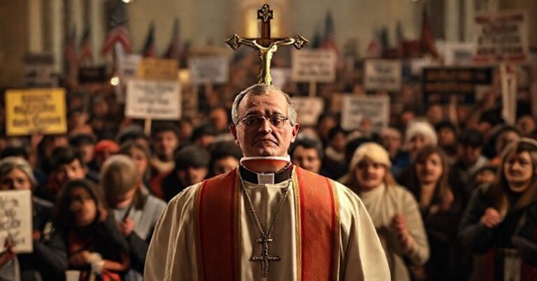 Ksiądz w tradycyjnych szatach stoi przed grupą zdesperowanych Amerykanów, trzymając krzyż jako symbol nadziei wśród chaosu politycznego.