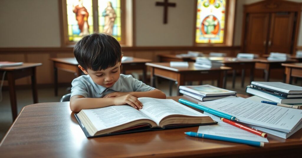 Sobótni chłopiec modląc się przy Biblii w klasie szkoły z porzuconymi psychologicznymi narzędziami na biurku nauczyciela