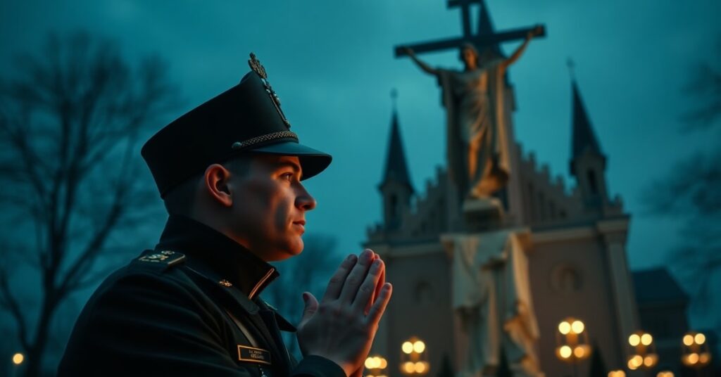 Polski żołnierz w pełnym mundurze modli się przed figurą Chrystusa Króla w ciemnym kościele, symbolizując brak duchowego wymiaru w współczesnej geopolityce