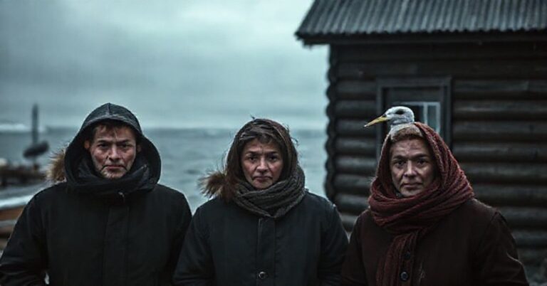 Realistyczny obraz migrujących osób w norweskim porcie, symbolizujący duchową pustkę i braki religijnej nadziei.