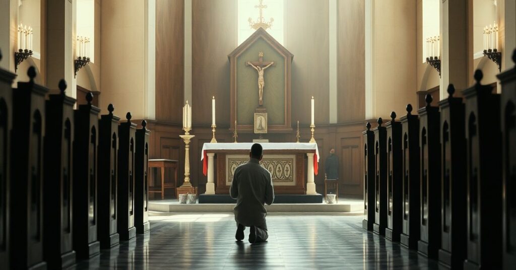 Wnętrze kościoła z samotną osobą modlącego się przed pustą tabernakulum.