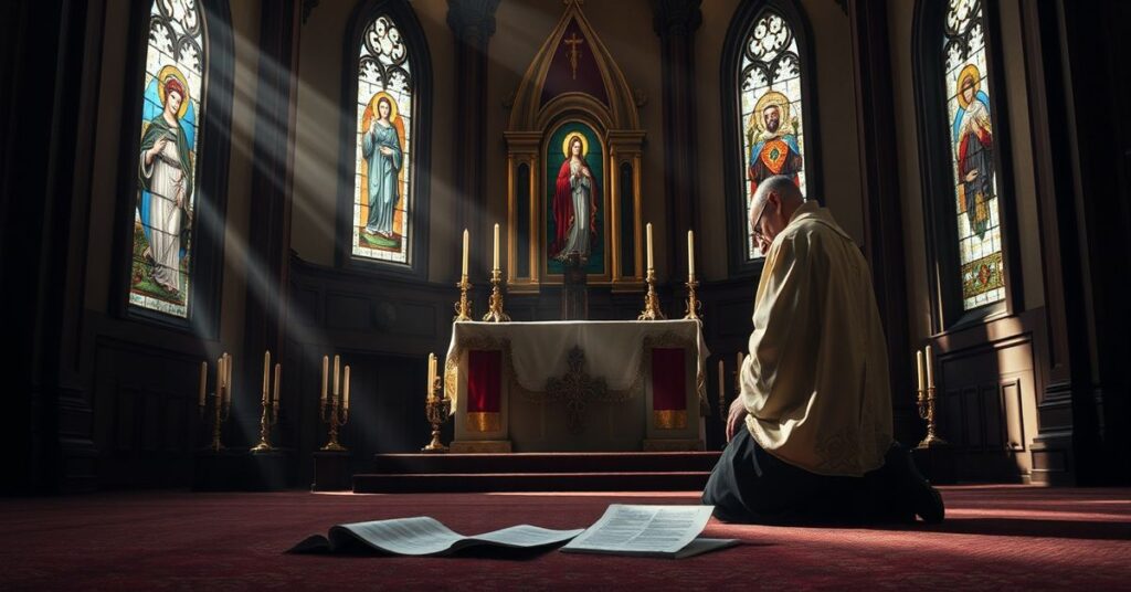 Pustynia duchowa: Biskup modli się w tradycyjnym kościele przed ikonami Niepokalanego Serca Maryi i Najświętszego Serca Jezusa.