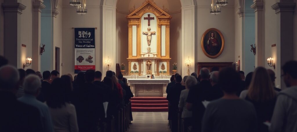 Grupa osób śpiewająca psalmy w kościele św. Franciszka z Asyżu w Zielonej Górze podczas akcji 'The Voice of Psalms', z widocznym pustym tabernakulum i brakiem sakramentalnej obecności.