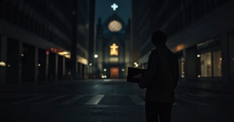 Melancholiczny scenariusz przedstawiający osobę trzymającą płytę Pink Floyd 'Wish You Were Here', z widocznym krzyżem na tle - symbolizujący duchową pustkę współczesnego świata