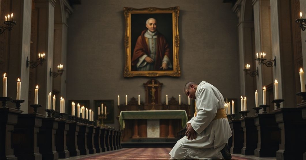 Ciemny wnętrze tradycyjnej świątyni katolickiej z wysokim ołtarzem, świecami i klęczącym kapłanem w przedsoborowej sutannie. Na tle wiszący nieostro portret papieża Leona XIV symbolizuje duchową pustkę neo-Kościoła.