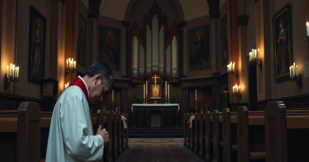 Wnętrze tradycyjnego kościoła z pustym ołtarzem i kapłanem modlącym się na kolanach. Scena oddaje duchową pustkę i zaniedbaną liturgię.
