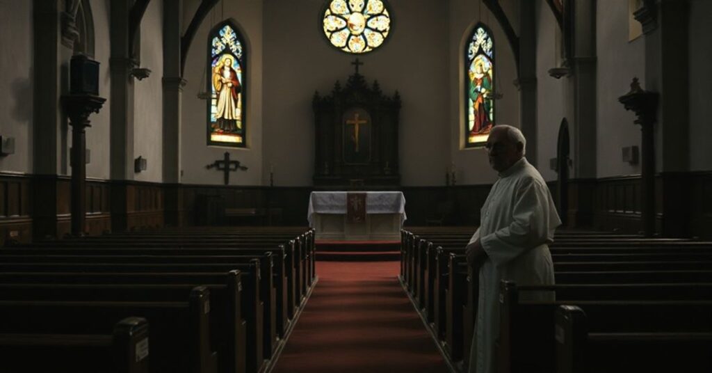 Pusty kościół z niepewnym księdzem przy ambonie, symbolizujący duchową pustkę i apostazję w Kościele