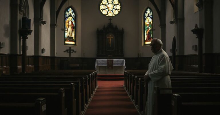 Pusty kościół z niepewnym księdzem przy ambonie, symbolizujący duchową pustkę i apostazję w Kościele