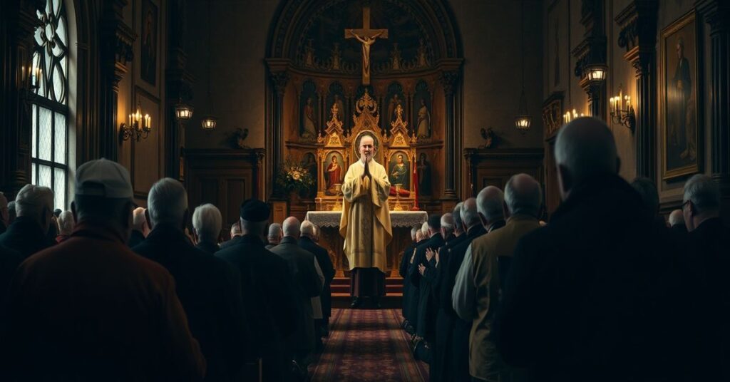 Starsi ukraińscy weterani wojenni modlą się w tradycyjnej katolickiej kaplicy podczas Mszy św. Trydenckiej. Scena podkreśla brak obecności Chrystusa w nowoczesnych inicjatywach humanitarnych.