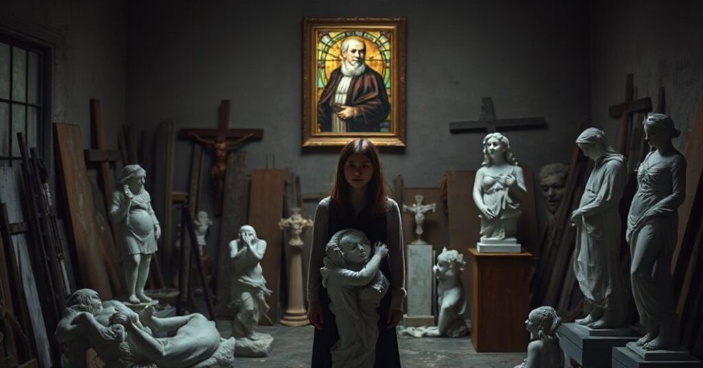 Ciemne studio artystyczne z artystką Alicją Michalską w 2025 roku - symbolizujące rozpacz duchową i pustkę w nowoczesnym świecie sztuki