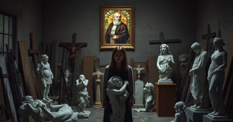 Ciemne studio artystyczne z artystką Alicją Michalską w 2025 roku - symbolizujące rozpacz duchową i pustkę w nowoczesnym świecie sztuki