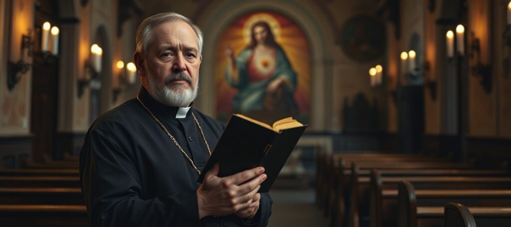 Obraz przedstawiający kapłana w tradycyjnym habitacie w opuszczonej kaplicy warszawskiej, symbolizujący duchową pustkę środowisk indultowych.