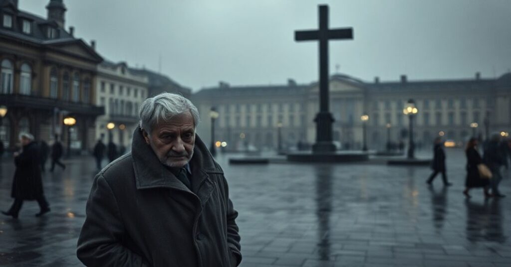 Stary mężczyzna w smutnej Warszawie bez krzyża i Boga