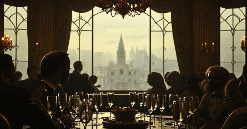 Portret Jaya Gatsby'ego w luksusowym pomieszczeniu otoczonego pustymi szklankami szampana i gośćmi w maskach, z dalekim widokiem upadającego amerykańskiego snu przez okno. Zdjęcie ukazuje duchową pustkę świata bez Chrystusa Króla.