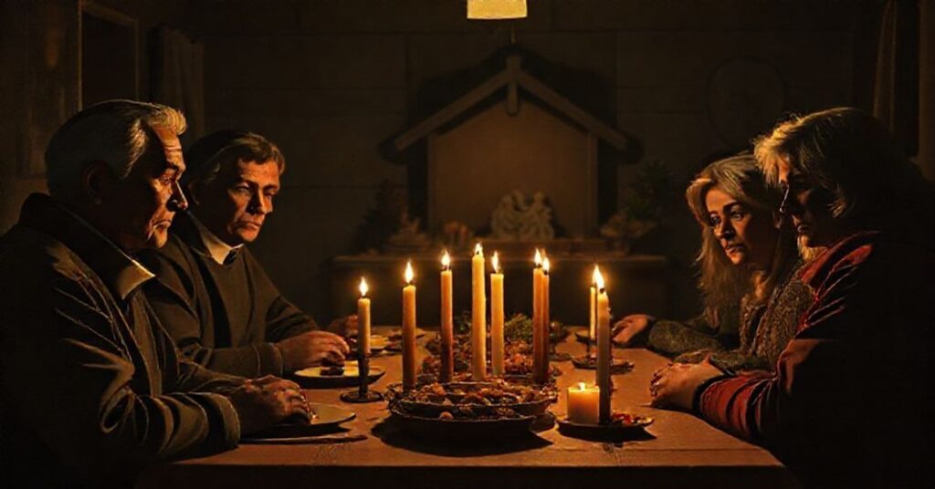 Tradycyjna katolicka rodzina przy wigilijnym stole z modlitwą i refleksją na tle braku liturgicznego szacunku