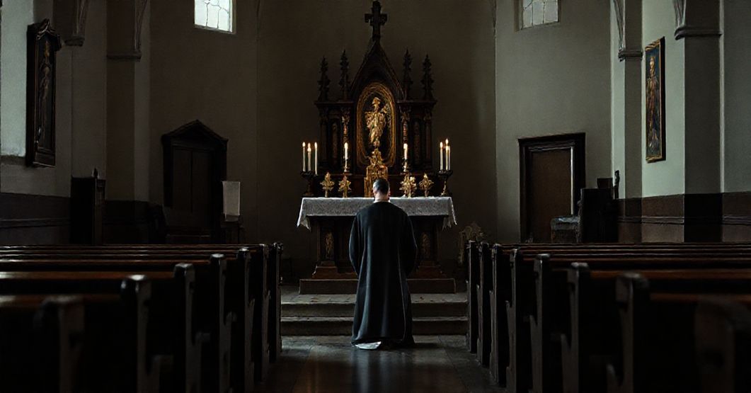 Przestrzeń wnętrza tradycyjnego kościoła z proboszczem modlącym się przed tabernakulum