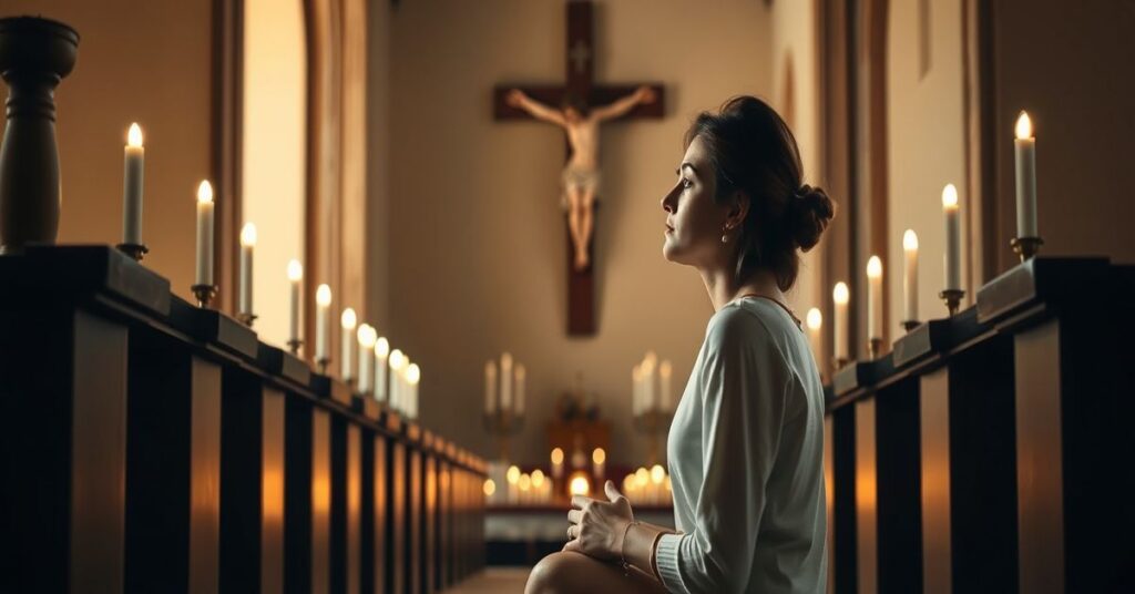 Kobieta modląca się w tradycyjnym kościelnym wnętrzu z krzyżem i świecami, symbolizująca duchową pustkę współczesnego humanitaryzmu.