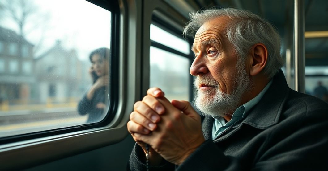 Stary mężczyzna w tramwaju z modlitewnikiem, symbolizujący duchową pustkę współczesnego świata