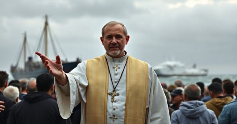 Ksiądz katolicki w tradycyjnych szatach liturgicznych stoi przed grupą wyczerpanych konfliktem ludzi, oferując duchowe kierownictwo.