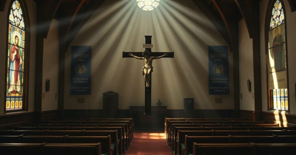 Pusty kościół z wyblakłym krzyżem na pierwszym planie, symbolizujący duchową degenerację. Promienie słabego naturalnego światła przenikają przez witraże przedstawiające świętych, rzucając przygaszony blask na pusty wiersz ławek. W tle widowiska bannery uniwersyteckie z świeckimi slogami kontrastują z sakralnym wnętrzem. Zdjęcie ukazuje napięcie między światowymi ambicjami a utraconą katolicką tożsamością uczelni.