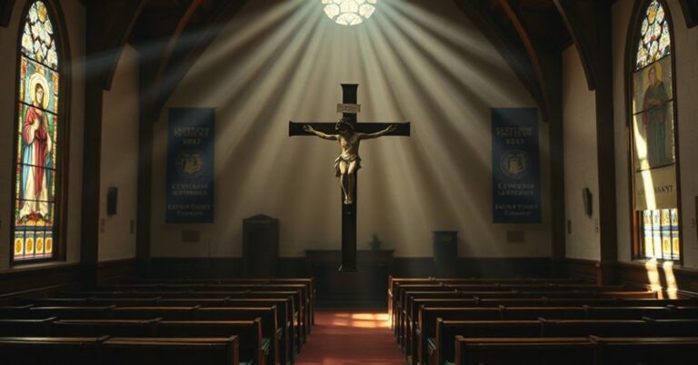 Pusty kościół z wyblakłym krzyżem na pierwszym planie, symbolizujący duchową degenerację. Promienie słabego naturalnego światła przenikają przez witraże przedstawiające świętych, rzucając przygaszony blask na pusty wiersz ławek. W tle widowiska bannery uniwersyteckie z świeckimi slogami kontrastują z sakralnym wnętrzem. Zdjęcie ukazuje napięcie między światowymi ambicjami a utraconą katolicką tożsamością uczelni.