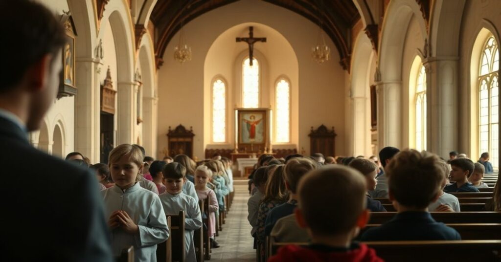 Tradycyjny wnętrze kościelne z dziećmi modlącymi się przy ołtarzu, kontrastujące z dystansowaną sceną nowoczesnych działań humanitarnych poza kościołem.