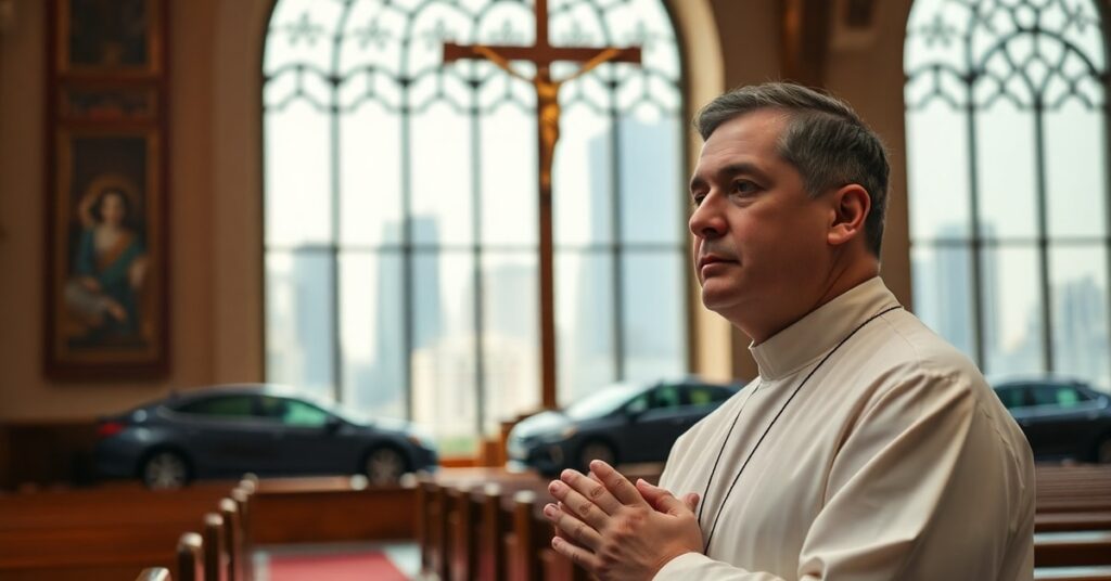 Prawy katolicki kapłan modli się przed krzyżem w tradycyjnym kościele, w tle widoczne chińskie samochody na wystawie.