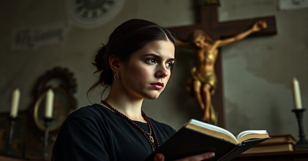 Młoda kobieta przed krzyżem w rozterce między pokusami światowymi a moralnością katolicką