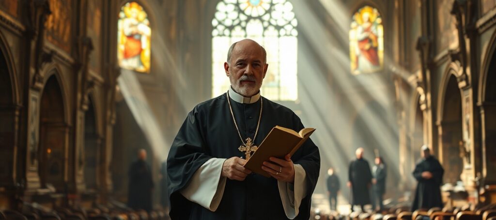 Tradycyjny ksiądz stojący w ruinach katedry z krzyżem i encykliką Pascendi Dominici Gregis