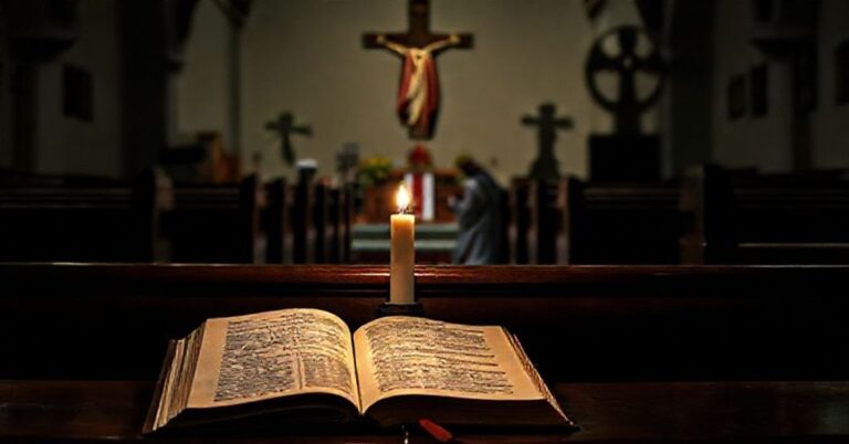 Wnętrze kościoła w stylu tradycyjnego katolicyzmu z otwartym dokumentem "Dignitatis Humanae" na ławce i kapłanem modlącym się przed krzyżem.