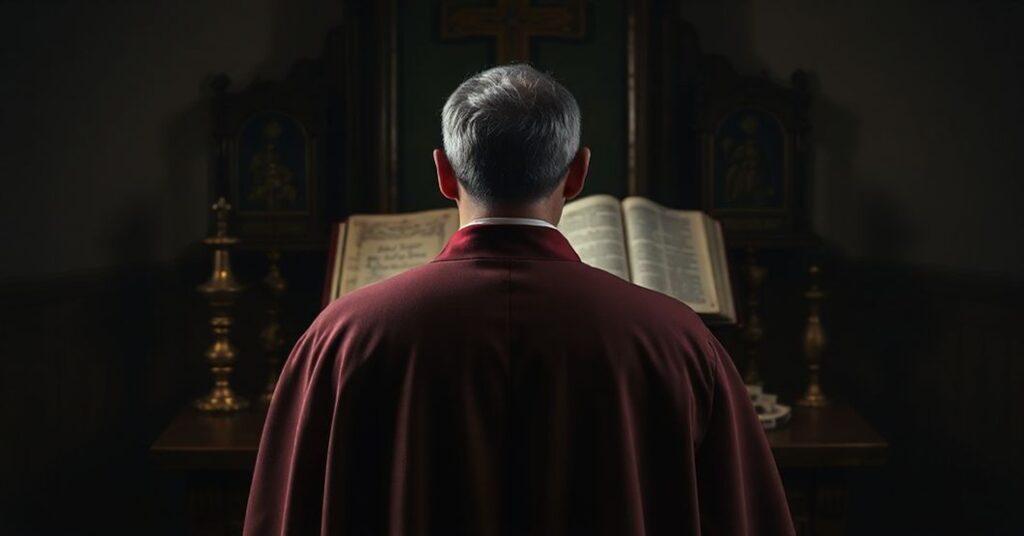 Zatroskany ksiądz w tradycyjnych szatach stoi przed zamkniętym tabernakulum, symbolizując duchową ruinę spowodowaną relatywizmem sakramentalnym.