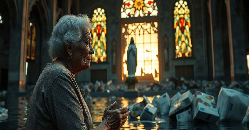 Staruszka w modlitwie przed zniszczonym sanktuarium w El Cobre po huraganie, symbolizującą duchową ruinę Kuby.