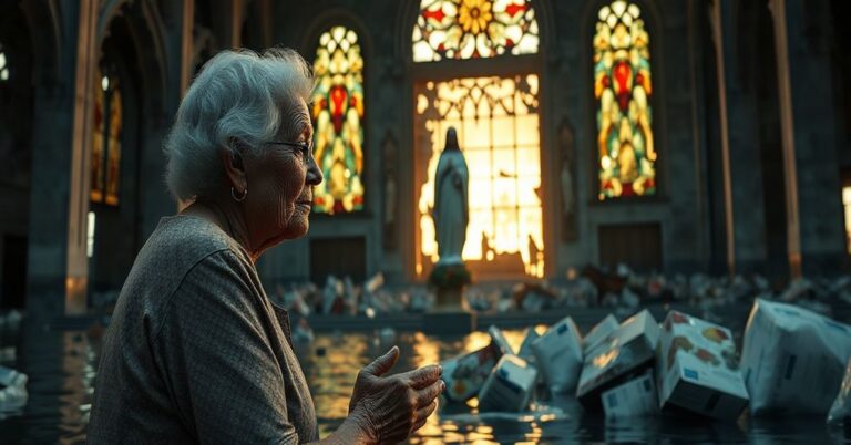 Staruszka w modlitwie przed zniszczonym sanktuarium w El Cobre po huraganie, symbolizującą duchową ruinę Kuby.