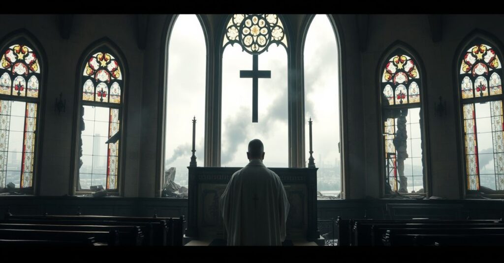 Zniszczony kościół w Kijowie z dymem na tle miasta podczas wojny, przedstawiający duchową ruinę Ukrainy.