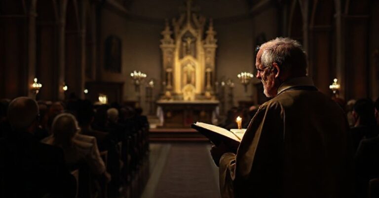 Obraz przedstawiający zgromadzonych wiernych słuchających nieprawomyślnego kazania w tradycyjnym kościele katolickim