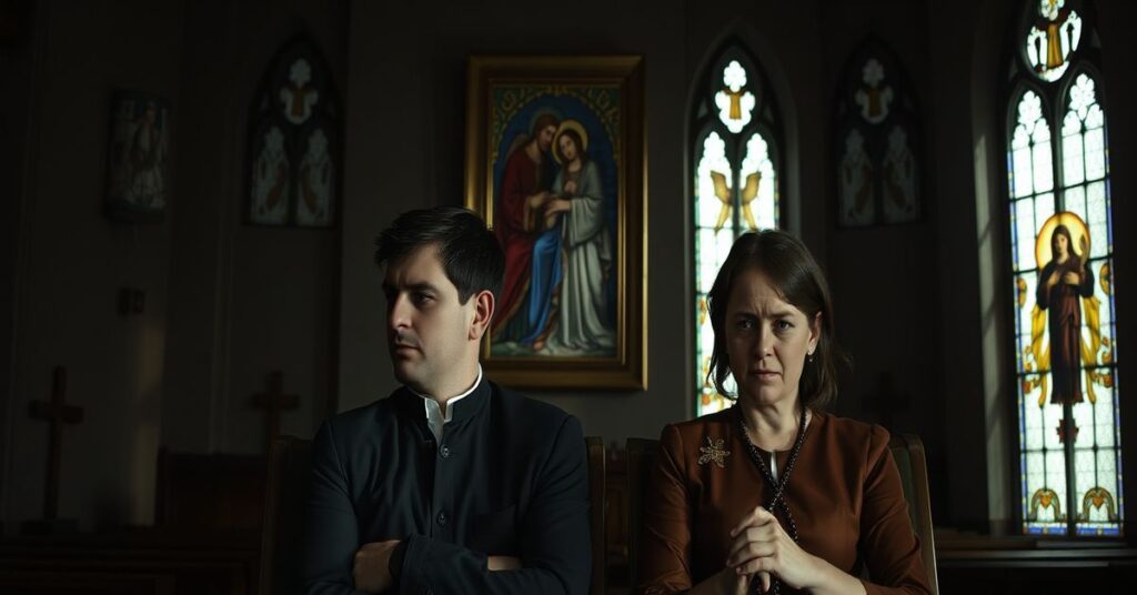 Kobieta i mężczyzna w smutku w tradycyjnym kościele katolickim