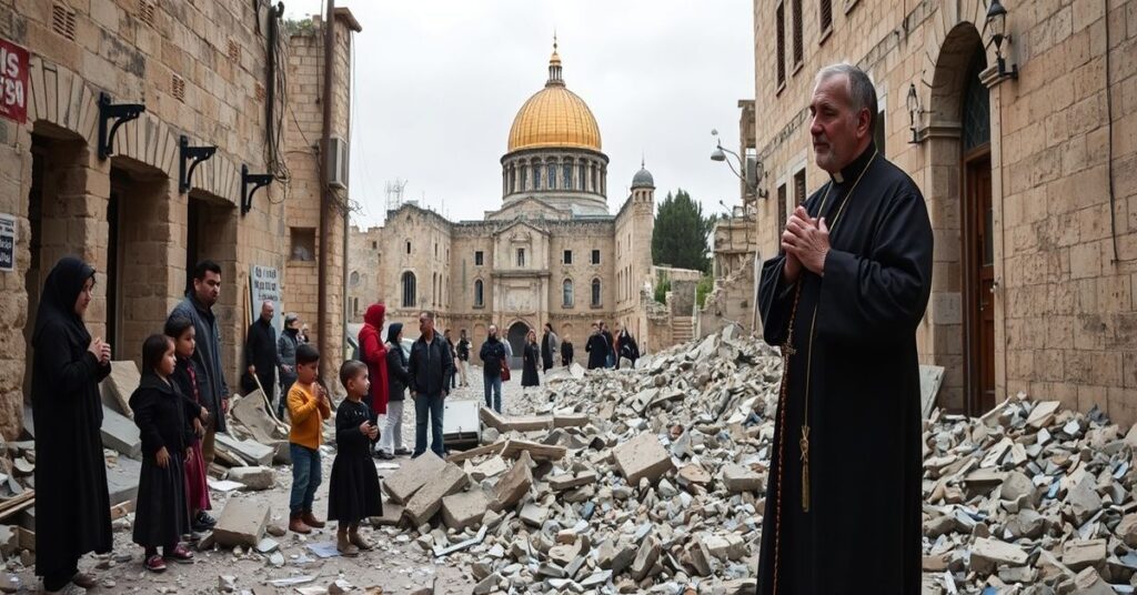 Przerażona scena w Starym Mieście Jerozolimy po uderzeniu odłamków rakiety w szkołę prowadzoną przez tak zwanych franciszkanów przy Bramie Jafy. Dzieci i rodzice stoją w szoku wśród gruzów, ich twarze wyrazem przerażenia i rozpaczy. Szkoła, kiedyś symbolem katolickiej edukacji, służy teraz jako narzędzie indoktrynacji modernistycznej. Na tle widoczny jest Kopułą Skalną - przerażający symbol duchowej bitwy. Tradycyjny katolicki duchowny w sutannie i ornaty modli się z różańcem w dłoni - milczący świadek apostazji struktur posoborowych.