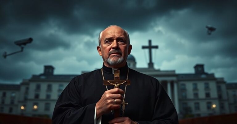 Tradycyjny katolicki ksiądz w ciemnej kościele trzymający krzyż z zaniepokojonym wyrażeniem twarzy. W tle widoczny jest nowoczesny budynek rządowy Estonii z kamerami monitoringu.