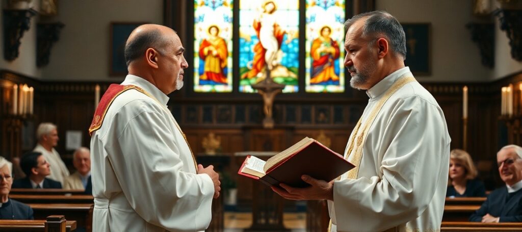 Ksiądz w tradycyjnym stroju liturgicznym stojący przed amboną w kościele katolickim, trzymając Biblię. W tle witraż przedstawiający Ukrzyżowanie i Świętą Rodzinę. Wierni siedzą na ławkach, słuchając z troską.