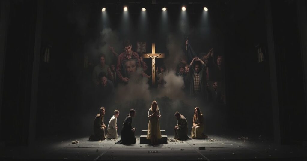 Scena teatralna przedstawiająca duchową pustkę humanizmu bez Krzyża w spektaklu "Europa" Krzysztofa Warlikowskiego