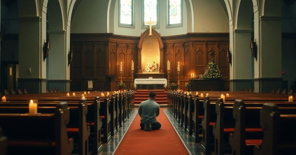 Pusty kościół katolicki w czasie Bożego Narodzenia z pojedynczą osobą modląca się przed szopką. Scena podkreśla duchową samotność i brak prawdziwej liturgii.