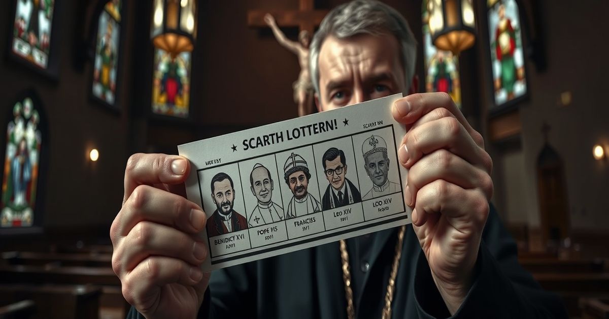 Zdjęcie przedstawiające wiernego katolickiego z zdrapywanką w kościele, symbolizujące pustkę duchową współczesnych praktyk wielkopostnych.