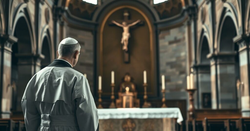 Katolicki ksiądz w modlitewnym skupieniu przed ołtarzem, symbolizujący duchową walkę i kryzys moralny w nowoczesnym społeczeństwie