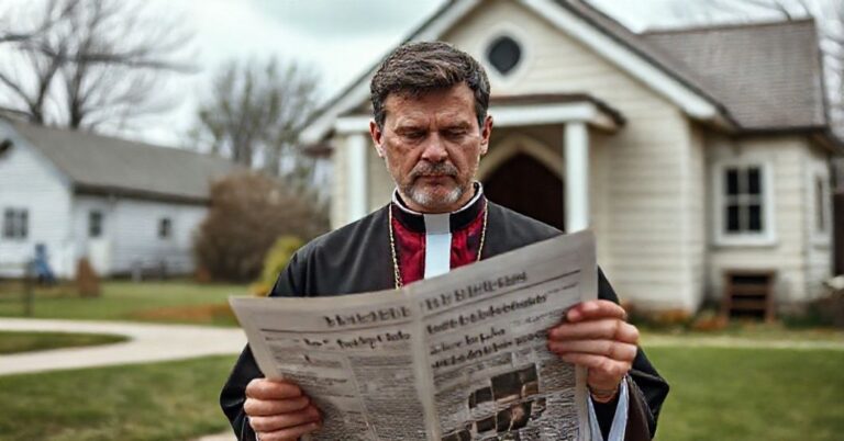Ksiądz w tradycyjnych szatach kościelnych trzyma gazetę z nagłówkiem o wyborze Taylora Johannessona, symbolizując duchową walkę o przywrócenie panowania Chrystusa w społeczeństwie.
