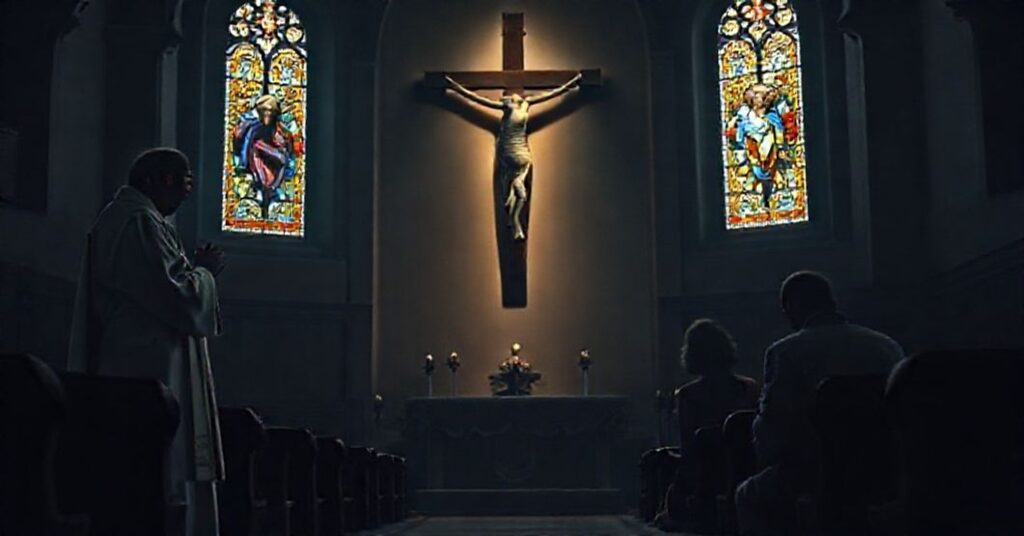 Tradycyjny księż w sutannie modli się przed krucyfiksem w ciemnej kościole podczas gdy rodzice kleczą w rozterce. Scena symbolizuje duchową walkę z modernistycznym oszukaniem 'praw człowieka'.
