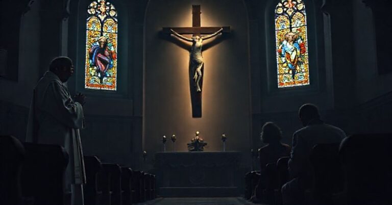 Tradycyjny księż w sutannie modli się przed krucyfiksem w ciemnej kościole podczas gdy rodzice kleczą w rozterce. Scena symbolizuje duchową walkę z modernistycznym oszukaniem 'praw człowieka'.